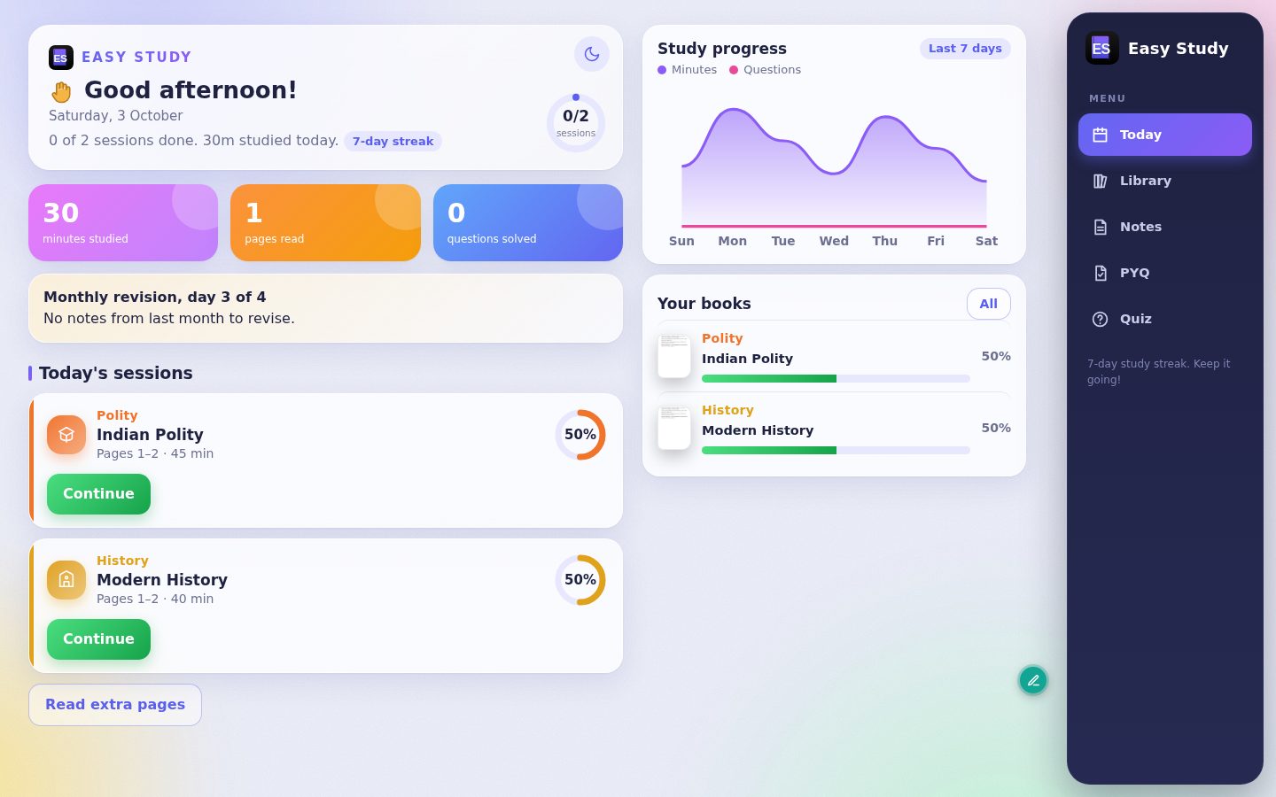 Easy Study home dashboard